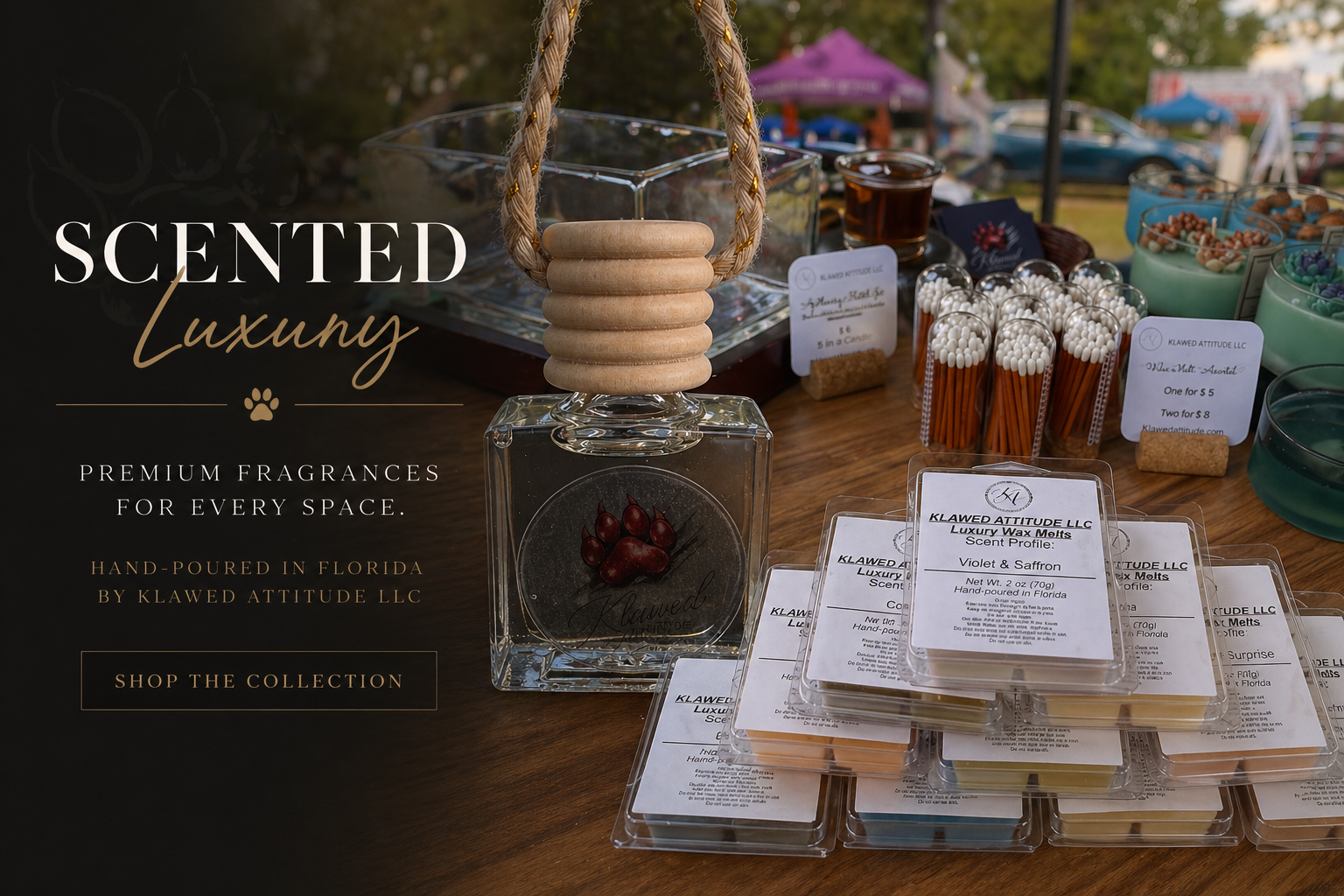Klawed Attitude LLC flameless fragrance display featuring a car diffuser and luxury wax melts, hand-poured in Florida