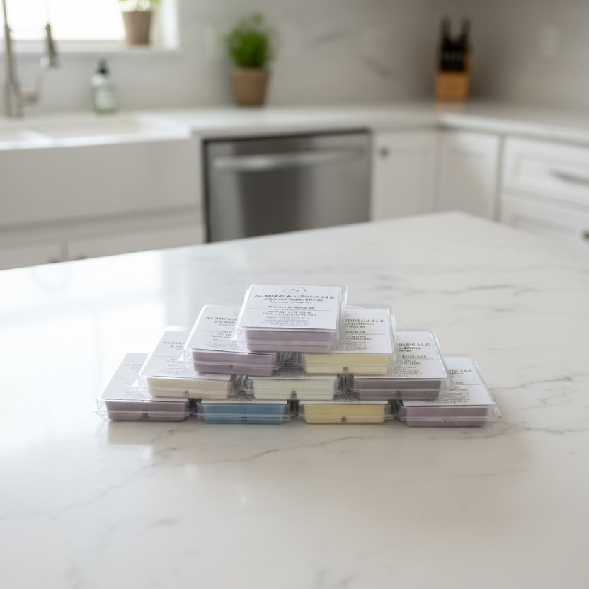 wax melts sitting on a stone counter