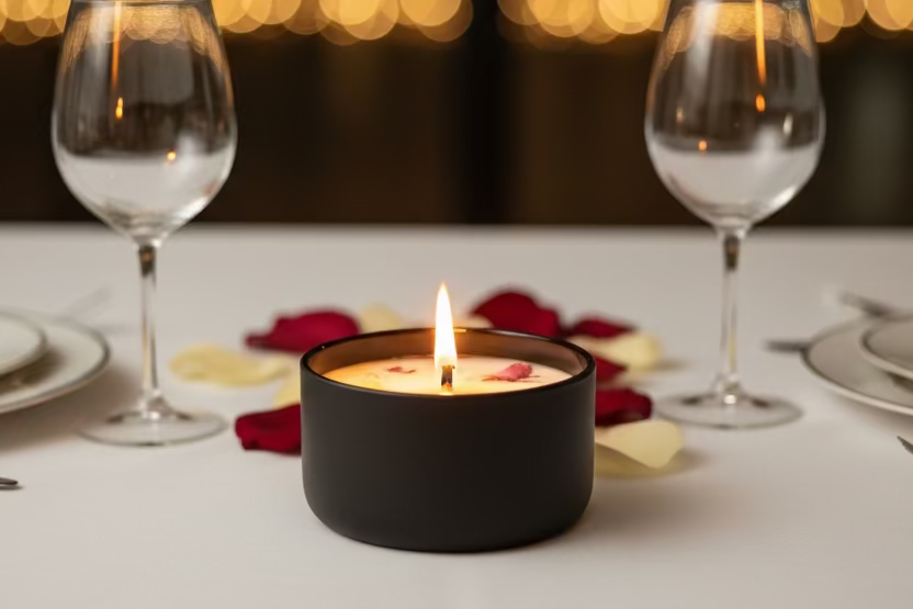 Candle in a black holder on a table with wine glasses and rose petals, blurred lights in the background