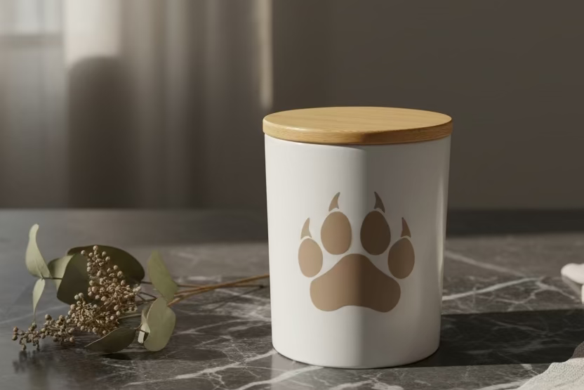 White container with a wooden lid and paw print design on a marble slab.
