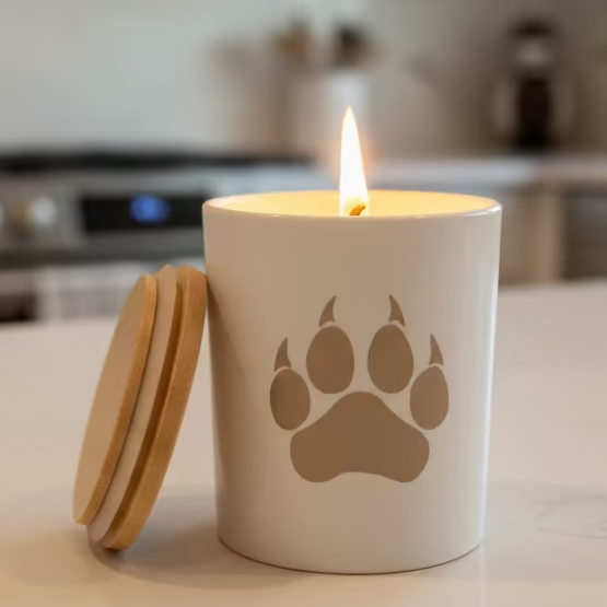 Candle in a white container with a paw print design on a kitchen surface