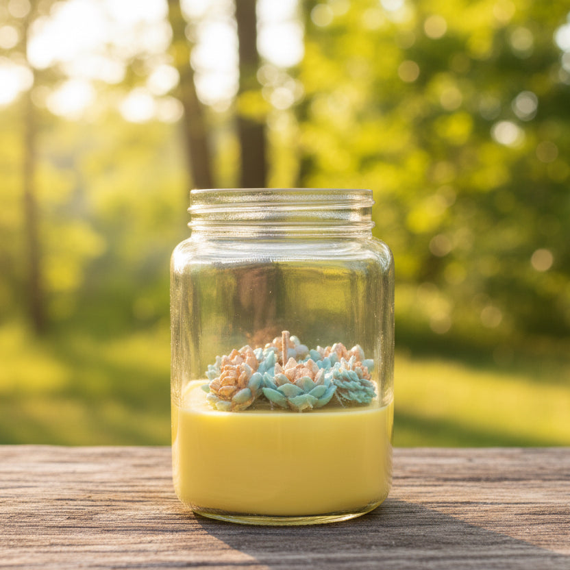 Clear jar with decorative elements on a wooden surface