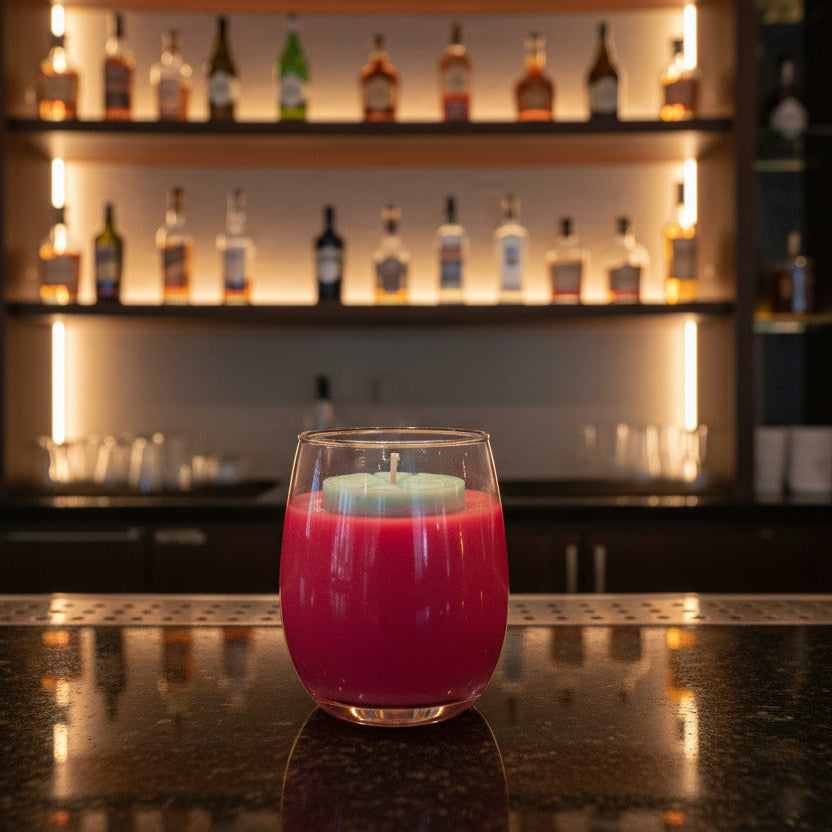 Candle in a glass holder on a bar surface
